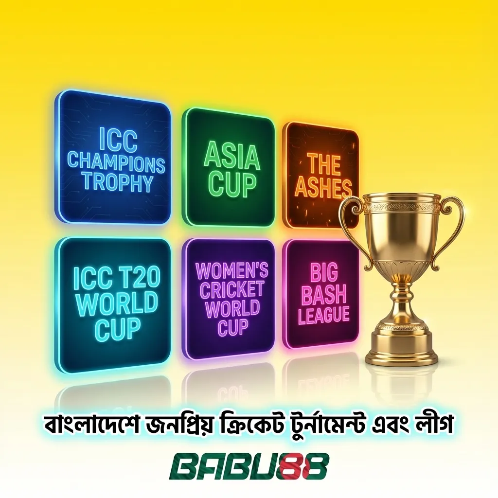 Babu88 cricket betting interface showing popular tournaments like ICC World Cup, T20, IPL, and BPL in Bangladesh