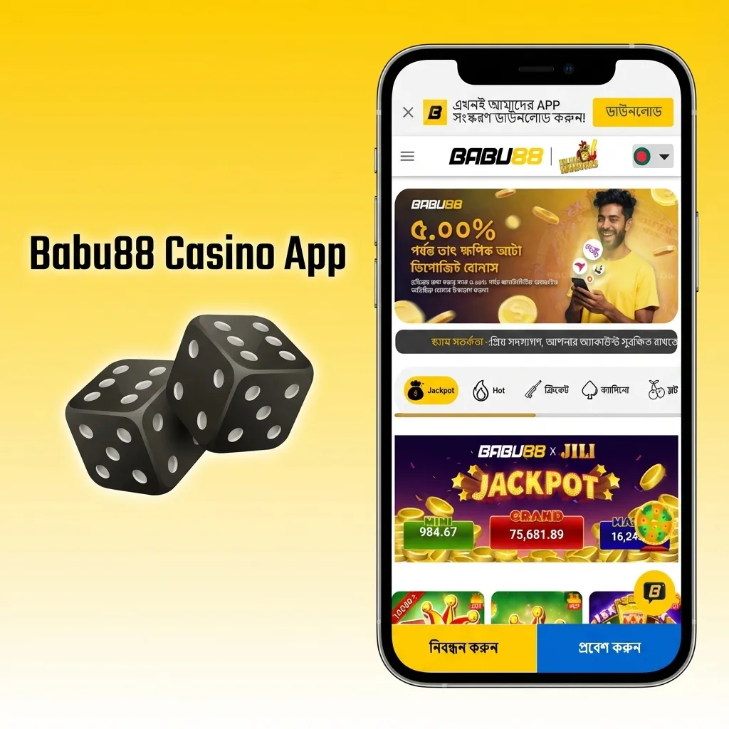 Babu88 Casino App interface showing slots, live dealer games, and sports betting options on mobile device