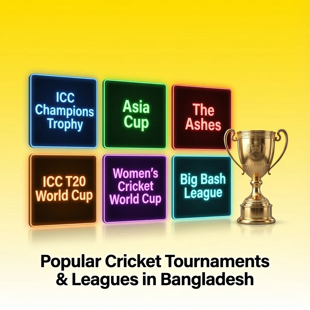 Cricket tournaments display including ICC World Cup, T20 World Cup, IPL, BPL, Ashes, and PSL with betting options