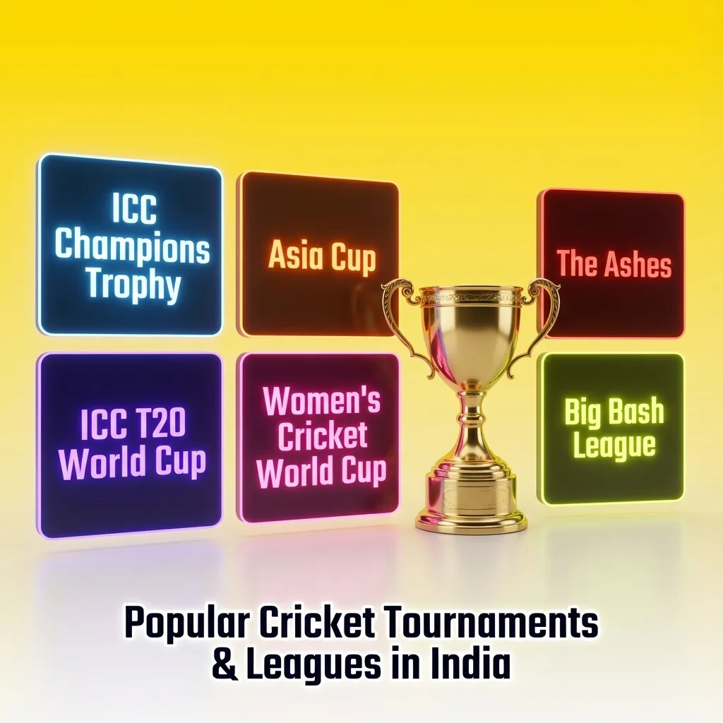 Cricket tournaments display showing IPL, World Cup, T20, Ashes, and domestic leagues with betting market options